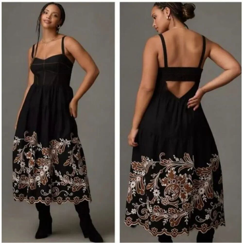 Anthropologie Border printed Corset bodice linen blend Embroidered scallop hem m